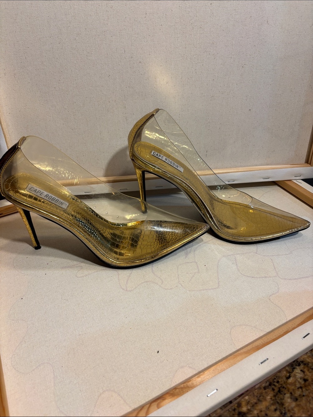 Cape Robbin Metallic Gold Pointed Toe Clear Panel Heels